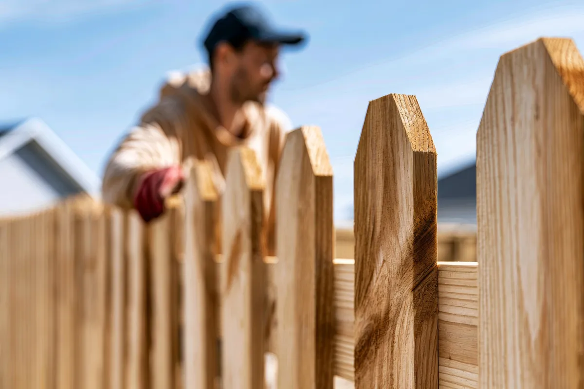 A handyman skillfully constructing a wooden fence in a backyard, emphasizing craftsmanship and privacy.