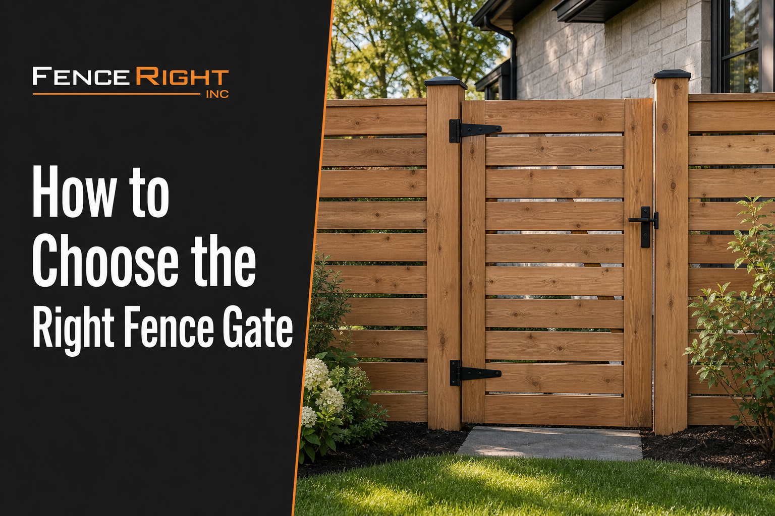 Custom wood fence gate beside an Ontario home with a dark branded Fence Right text panel